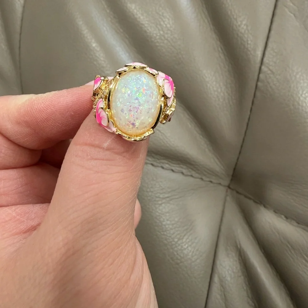 Floral Opal Statement Ring – Gold Tone Pink Enamel Flower Ring 9